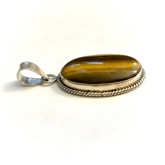 VTG Sterling Silver Oval Brown Tan Tiger’s Eye Stone Pendant - Picture 2 of 5